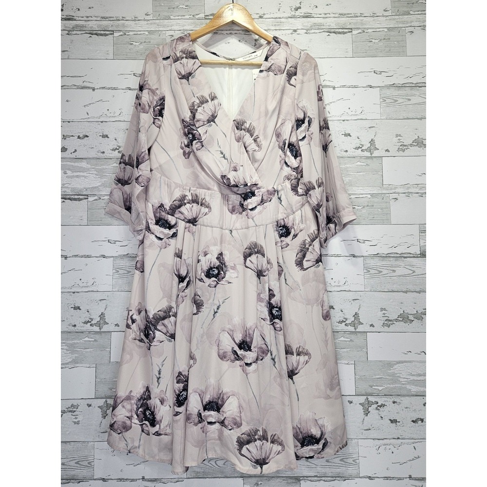 eShakti Women Purple Poppy Floral V-Neck Midi Dress 1X 18W Smocked